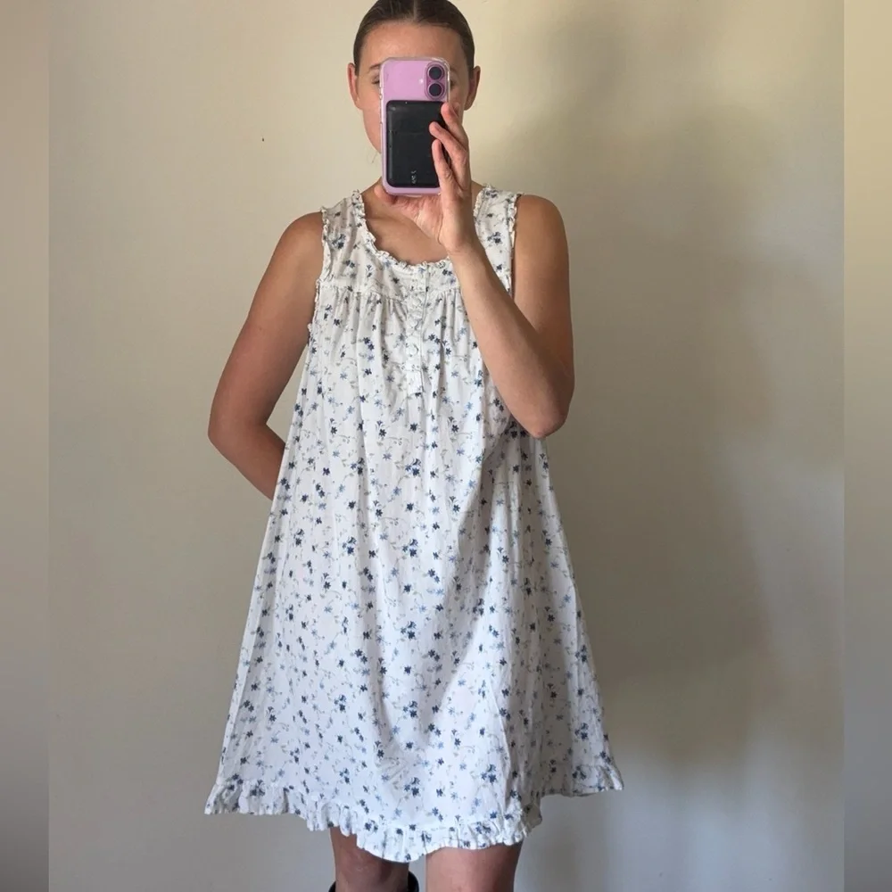 Vintage Adonna 100% Cotton Nightgown Style White Floral Sleeveless Dress Medium - Picture 1 of 10